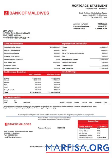 Blank Maldives Bank of Maldives mortgage statement Word and PDF template